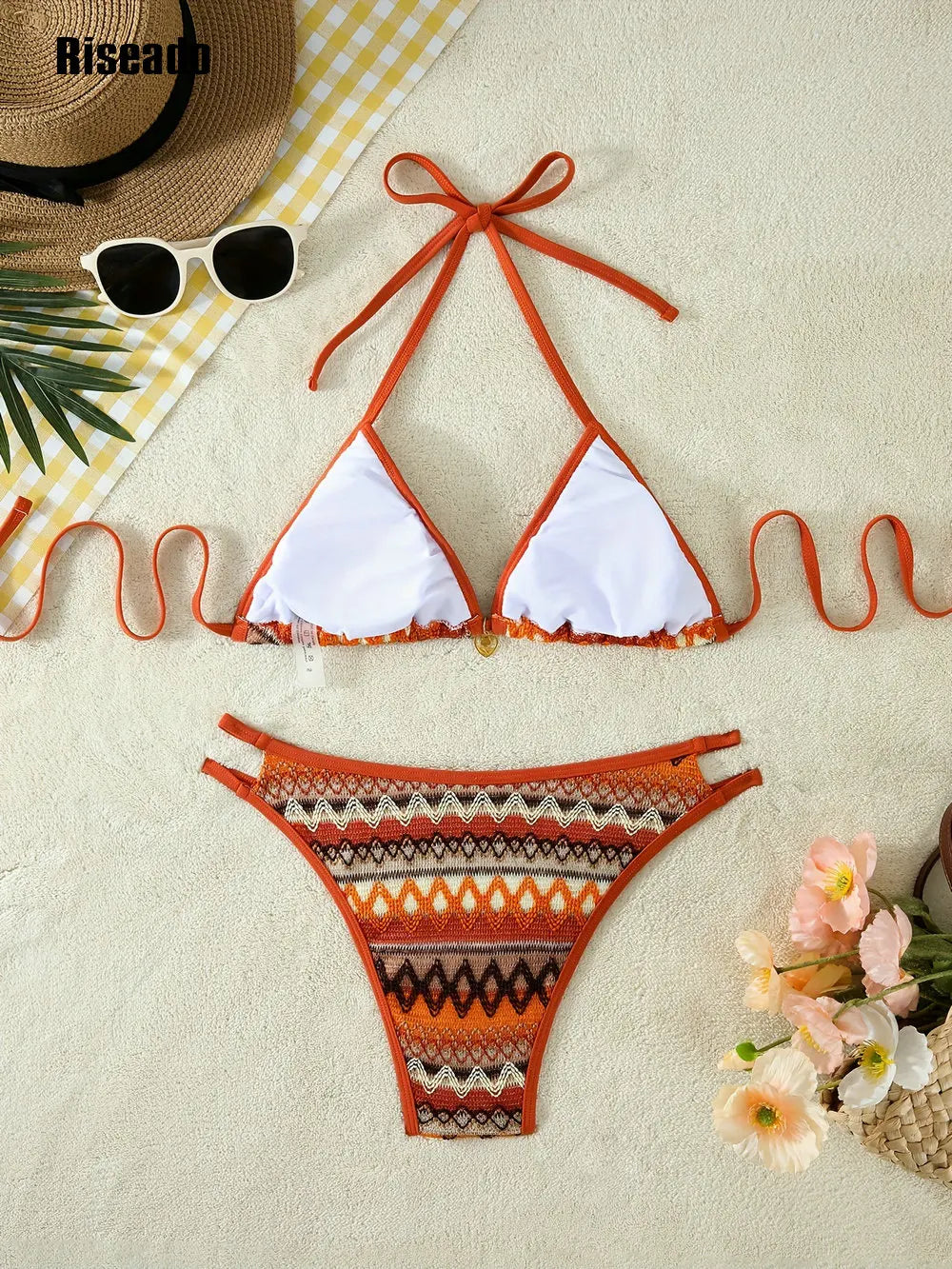 Women's Bikini Sets Halter Neck Crochet Colo block Two Piece Swimsuits Open Back High Cut Thong Bathing Suit