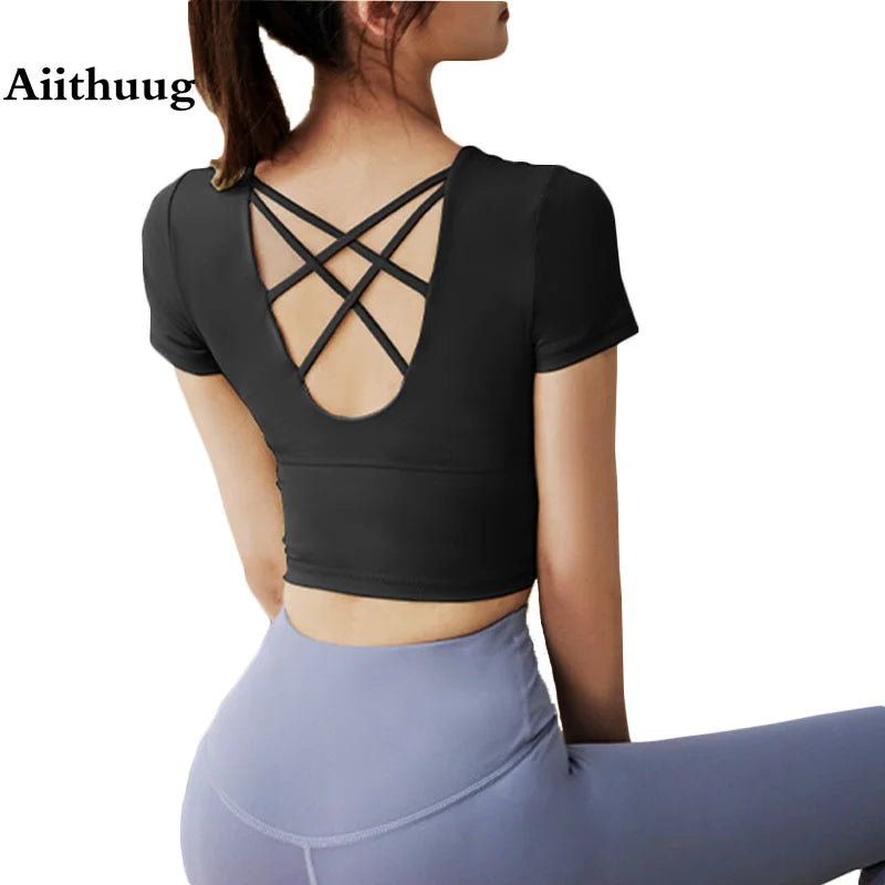 Yoga Short Sleeve with Build-in Cup Yoga Crop Tops Gym Crops Pilates Workout Top Fitness Active Wear Crisscross Back