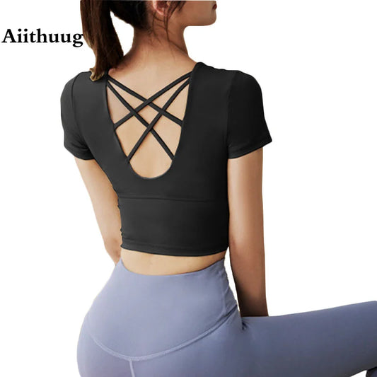 Yoga Short Sleeve with Build-in Cup Yoga Crop Tops Gym Crops Pilates Workout Top Fitness Active Wear Crisscross Back