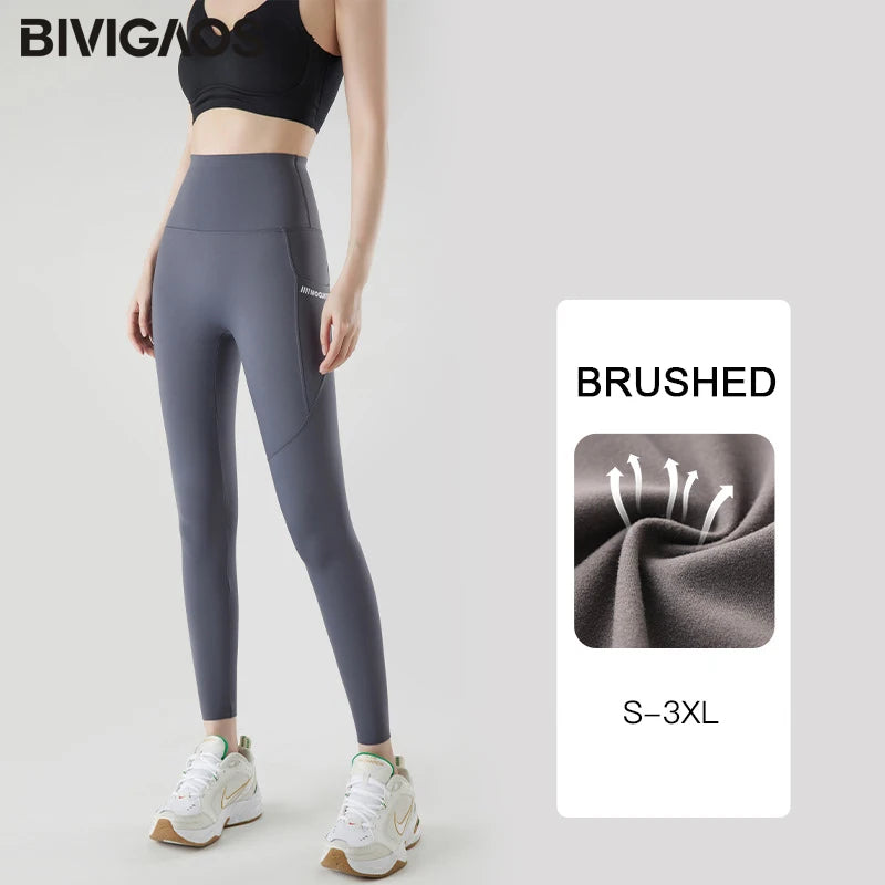 Pocket Brushed Shark Leggings Women Autumn Light Fleece Phone Leggings Slim Tight-Fit Sports Yoga Fitness Leggings