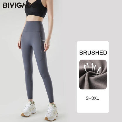 Pocket Brushed Shark Leggings Women Autumn Light Fleece Phone Leggings Slim Tight-Fit Sports Yoga Fitness Leggings