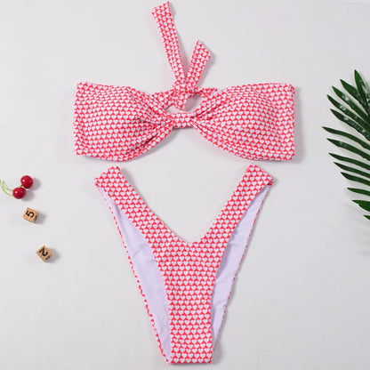 Bikinis Red Bikini  Strapless Bandage Thong Swimsuit Backless Bow Swimwear Women Brazilian Biquini