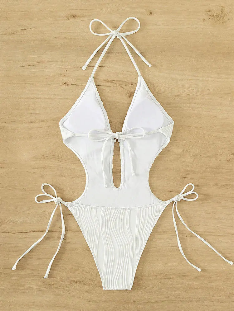 Cikini-Cut Out Tie Side Halter Swimsuit for Women, Monochromatic, Beach Swimwear, Bathing Suit, Summer