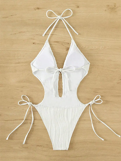 Cikini-Cut Out Tie Side Halter Swimsuit for Women, Monochromatic, Beach Swimwear, Bathing Suit, Summer