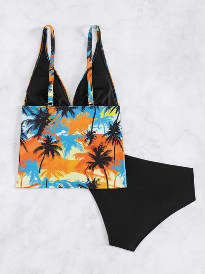 Tropical Print Design Strapped Bikini Tankini Set High Waist Push UP Swimsuit Women Backless Swimwear Summer Beach Bathing Suit