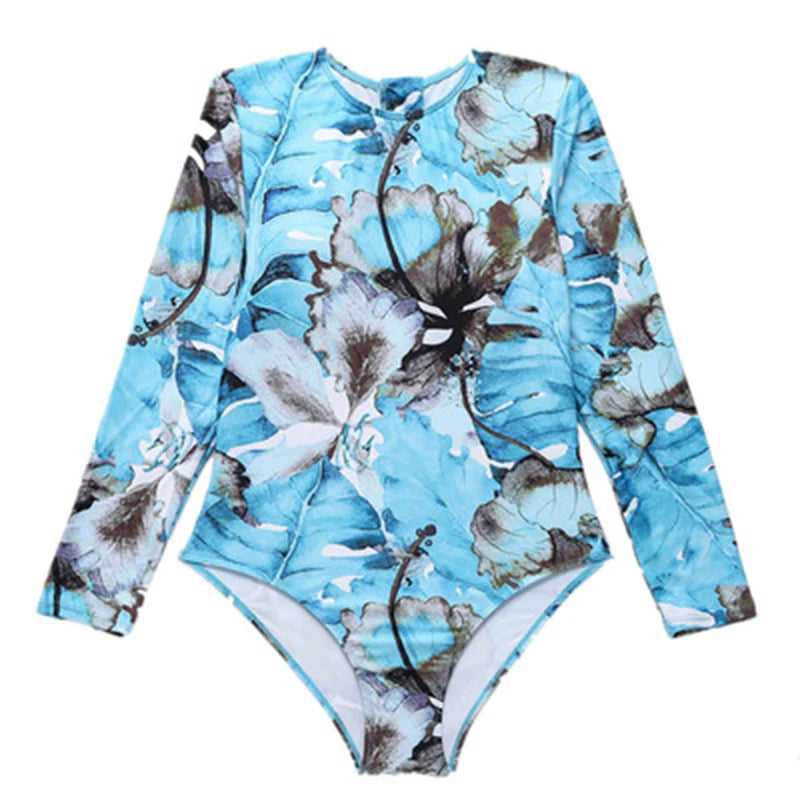Women's Swimsuit Long Sleeve Swimsuit Floral Swimwear One Piece Sun Protection Zipper Surf Swiming Lady Female Beach Suit