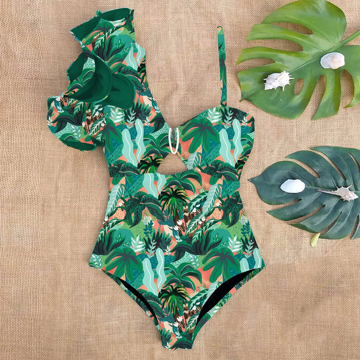 Ruffle Print Floral One Piece Strappy One shoulder Swimwear Women Swimsuit Bathing Suit Backless Beachwear Monkini
