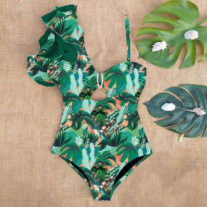 Ruffle Print Floral One Piece Strappy One shoulder Swimwear Women Swimsuit Bathing Suit Backless Beachwear Monkini