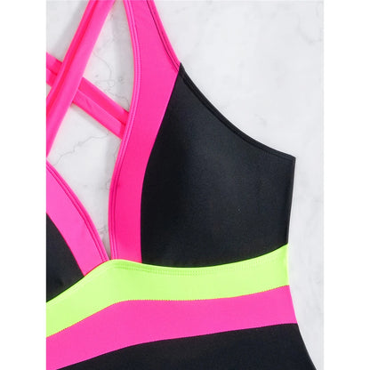 S - XL Splicing V Neck Cross Back Women Swimwear One Piece Swimsuit Female High Cut Leg Padded Bather Bathing Suit Swim