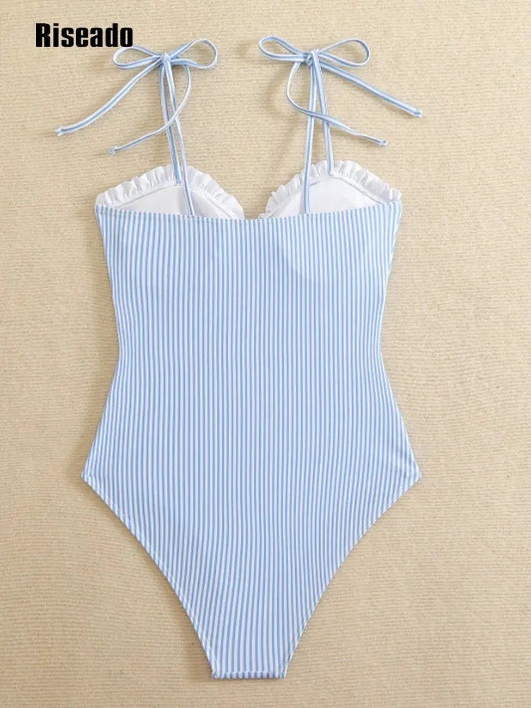 Women’s Pink Striped One Piece Swimsuits Tie Shoulder High Cut Tummy Control Bathing Suit Summer Beach Swimwear