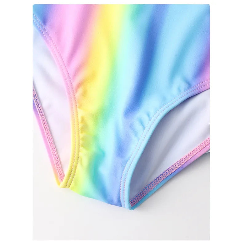 Girls 3 piece Rainbow Bikini Sets With Skirts Cover Up Beach Kids Swimsuit 7-12 Years Children's Swimwear Teens 2024 Summer