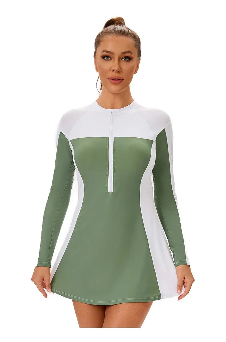 Woman Tankini Color Block Long Sleeve Two-Piece Swimsuit - Modest Skirted Beachwear Swimwear Bathing Suit Women