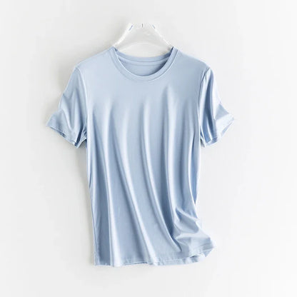10% Silk & Mercerized Cotton Women T-shirt Luxury Tee Short Sleeve Silky Feeling Summer Wear Tops V / O-neck