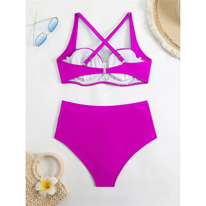 Pleated Underwired Padded Female Swimsuit High Waist Bikini Women Swimwear Two-pieces Bikini set Bather Bathing Suit Swim