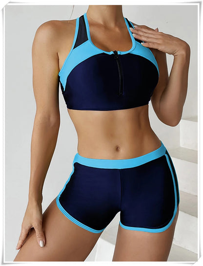Two Piece Swimsuit Women Zipper Tankini Set High Waist Shorts Swimwear Female Bathing Swimming Suit Sports Beachwear Summer