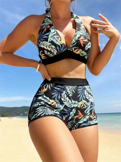 Halter Bikini Women High Waist Swimwear Female Swimsuit Leaf Printed Beachwear Bathing Swimming Suit Summer Beachwear