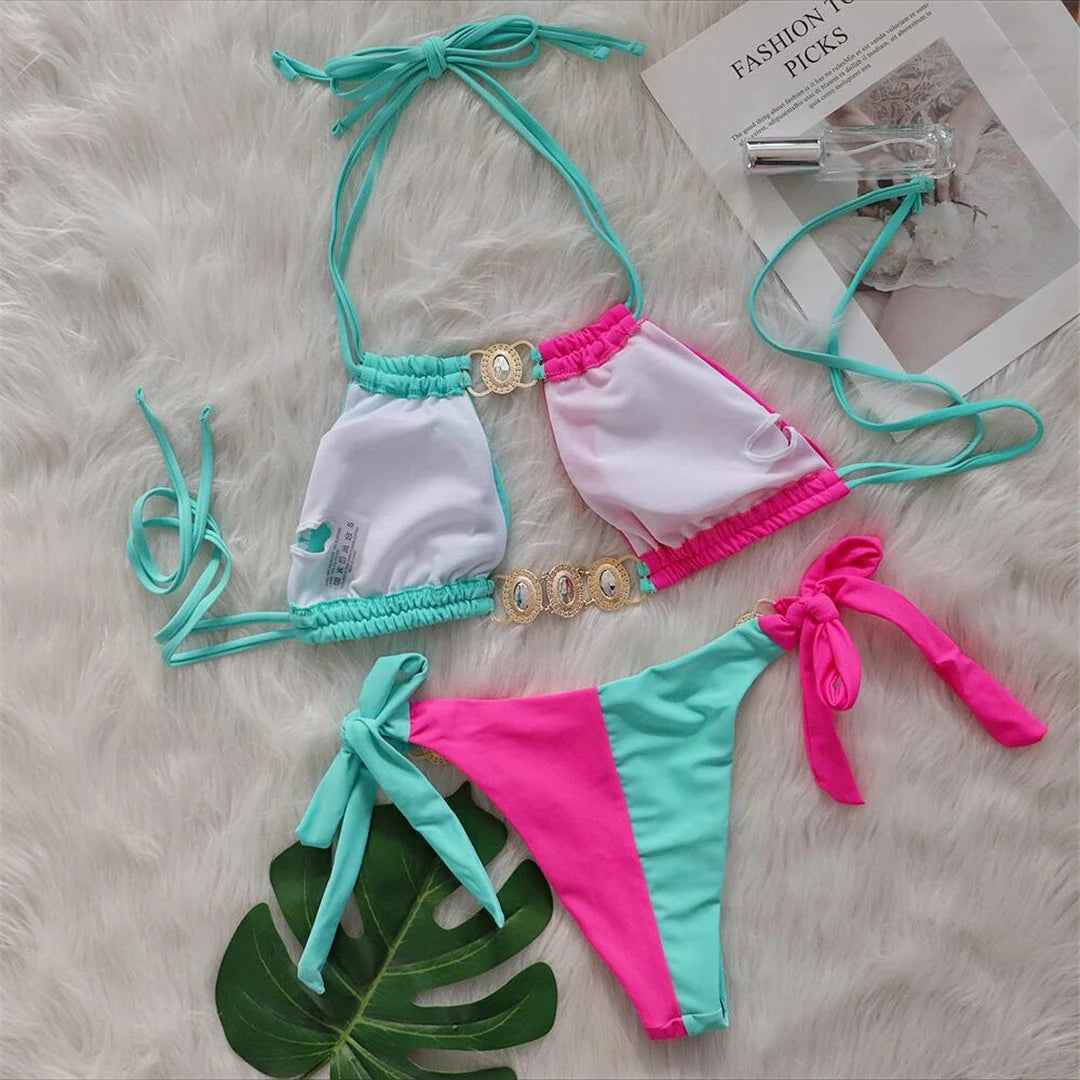 8 Colors Diamond Rhinestones Splicing Bikini Women Swimwear Female Swimsuit Two-pieces Bikini set Bather Bathing Suit Swim