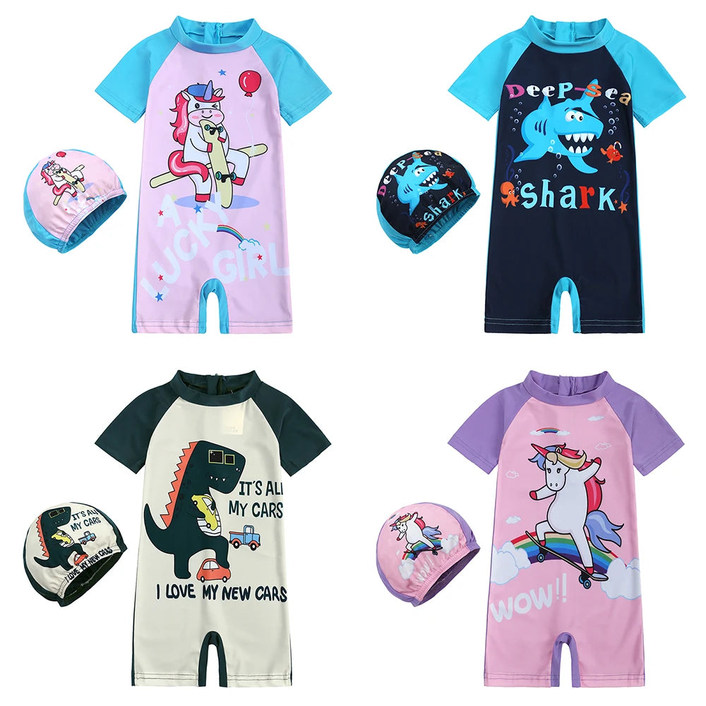 Toddler Children Swimwear Suit Print UV Kids Boys Girls Summer Beach Clothes 2Pcs Cap+Bathing Swimming Diving Swimsuit