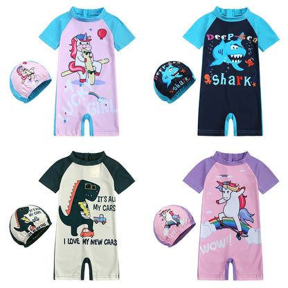 Toddler Children Swimwear Suit Print UV Kids Boys Girls Summer Beach Clothes 2Pcs Cap+Bathing Swimming Diving Swimsuit