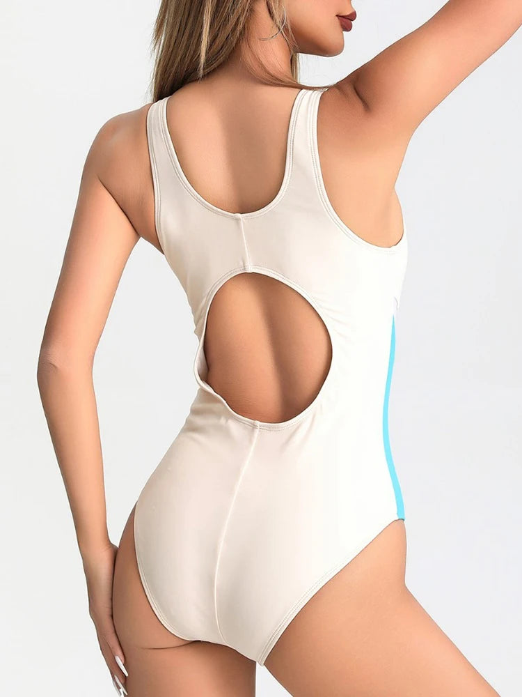 On Piece Swimming Suit for Women Contrast Color Sleeveless Beachwear Simple Classic Bathing Suit Summer