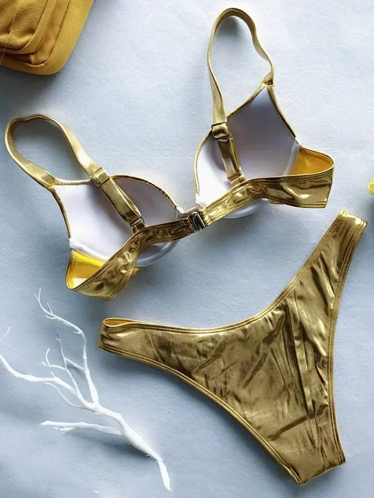 Shiny PU Faux Leather Bikini Push Up Swimsuit Women Swimwear Female Two-pieces Bikini set Bra Cup Bather Bathing Suit Swim