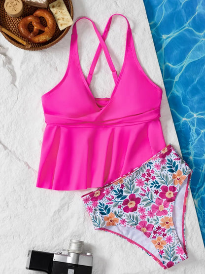 Strappy Floral Printed Tankini With Skirt Swimsuit Women Two Piece Twist Swimwear Female Bathing Swim Suit Padded Beachwear