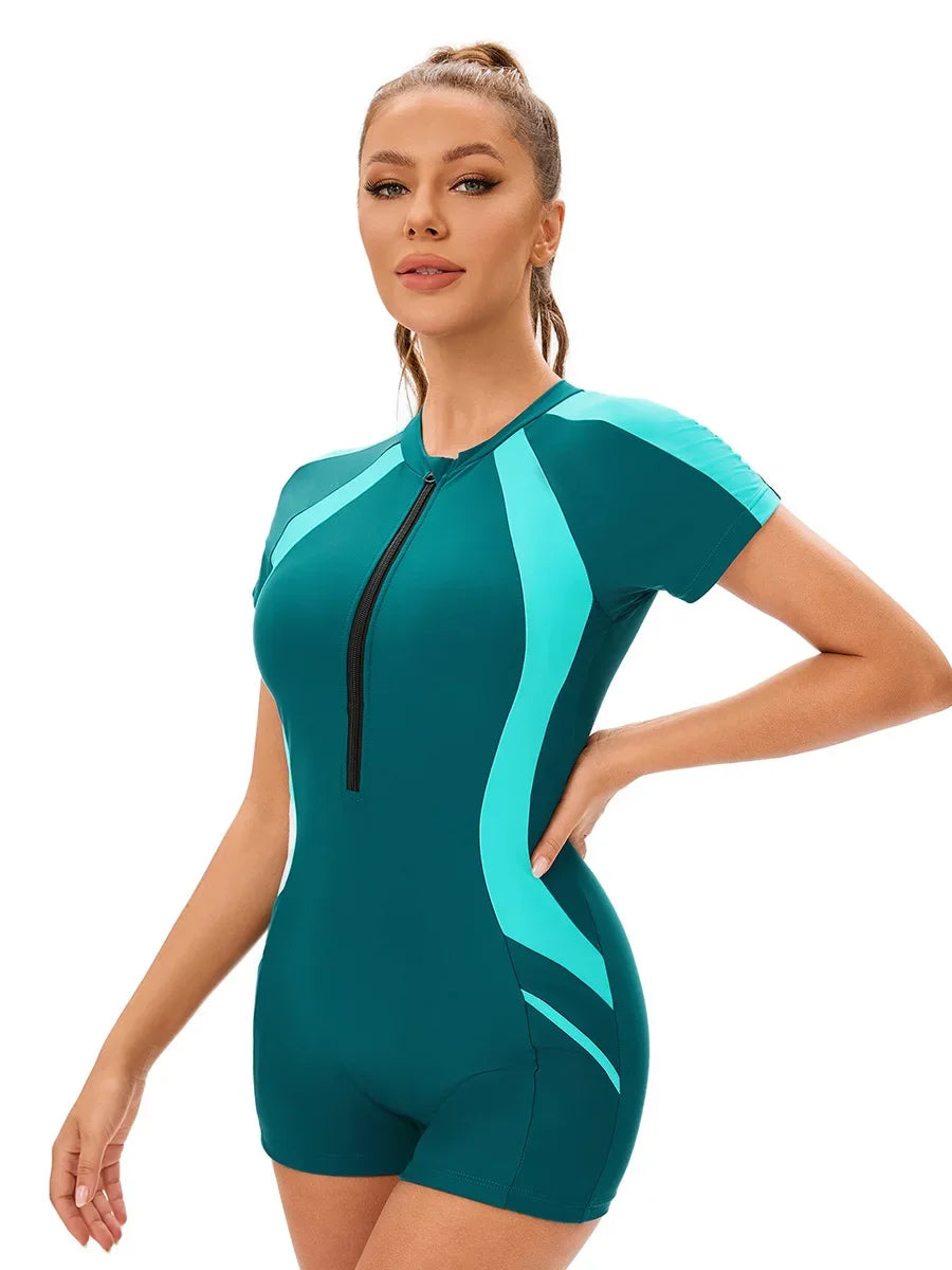 Surfing Suit Women's Sport Swimsuit Short Sleeve Sunscreen Conservative One Piece Swimwear Zipper Round Neck Slim Bodysuit