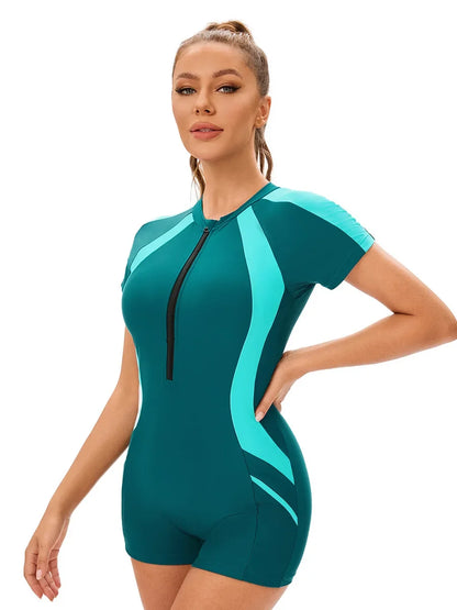 Surfing Suit Women's Sport Swimsuit Short Sleeve Sunscreen Conservative One Piece Swimwear Zipper Round Neck Slim Bodysuit