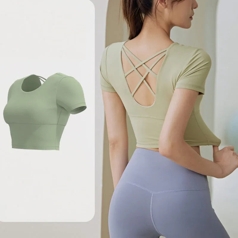 Yoga Short Sleeve with Build-in Cup Yoga Crop Tops Gym Crops Pilates Workout Top Fitness Active Wear Crisscross Back