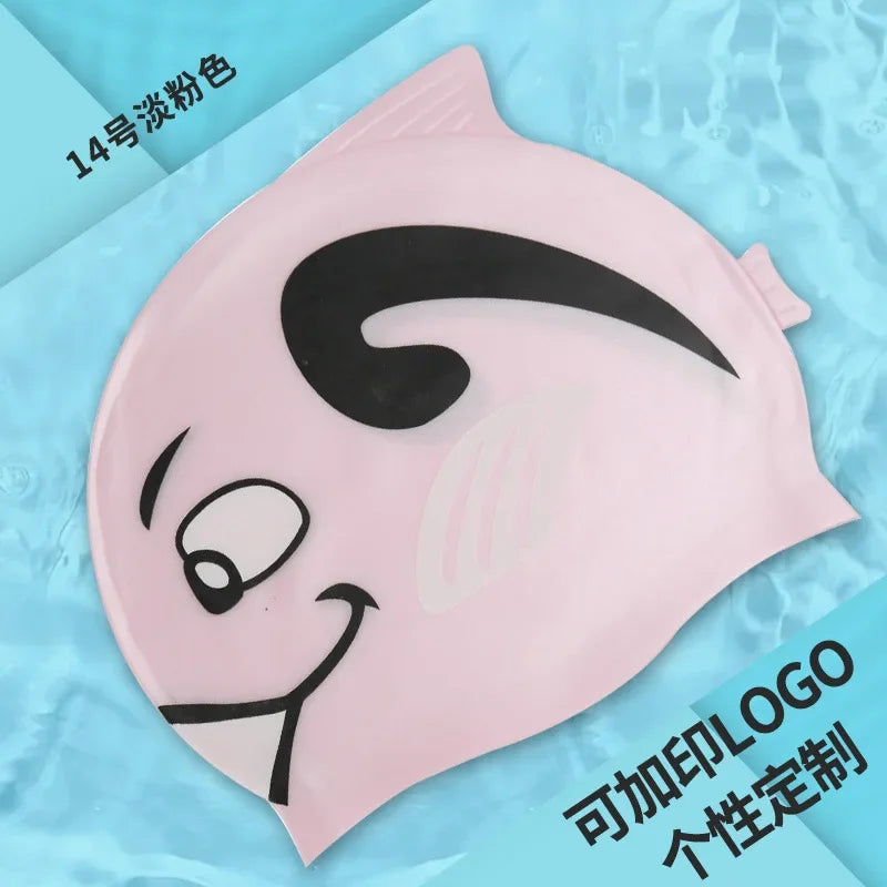 Children's Swimming Caps Waterproof Cartoon Swimming Cap for Boys and Girls Universal Cartoon Fish Shaped Soft Silicone Swim Cap