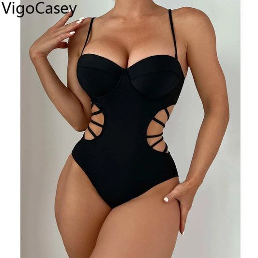 Black Strapped Swimwear Women Hollow Push Up One Piece Swimsuit Monokini High Waist Backless Bathing Suit