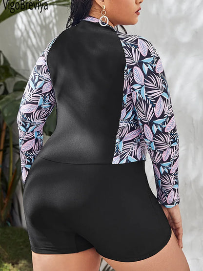 Patchwork Plus Size Swimwear Long Sleeve Rash Guard Women Curvy One Piece Swimsuit Lady Big Bathing Suit