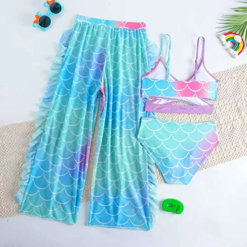 Girls 3pack Mermaid Print Cross Wrap High Waist Bikini Beach Pants Kids Swimsuit 8-12 Years Children's Swimwear Bathing Suit