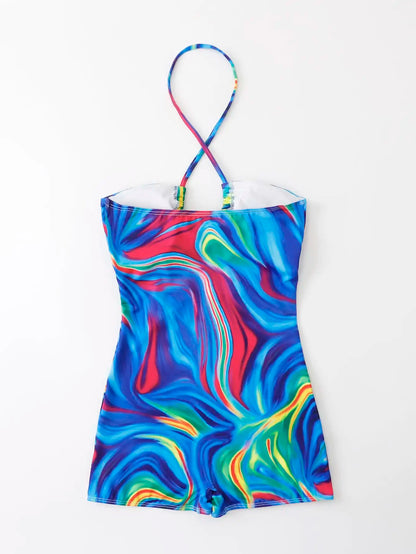 Allover Print Cut-out One Piece Swimsuit Halter Swimwear Women Bathing Suit Female Swimming Summer Beachwear Bodysuit