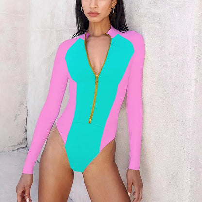 Patchwork One-Piece Swimsuit Long Sleeve Swimwear Sports Backless Women's Swimming Bathing Suit Beach Wear Bather Surfing