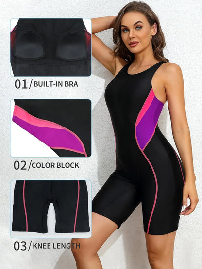 Attraco Women Sports One-Piece Swimsuit Color Block Professional Training Racerback  Boyleg Swimwear