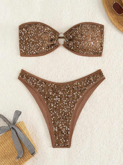 Glitter Sequins Fishnet Rings Bandeau Bikini Female Swimsuit Women Swimwear Two-pieces Bikini Set Brazilian Bathing Suit Swim