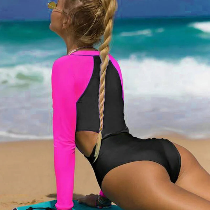 Patchwork One-Piece Swimsuit Long Sleeve Swimwear Sports Backless Women's Swimming Bathing Suit Beach Wear Bather Surfing