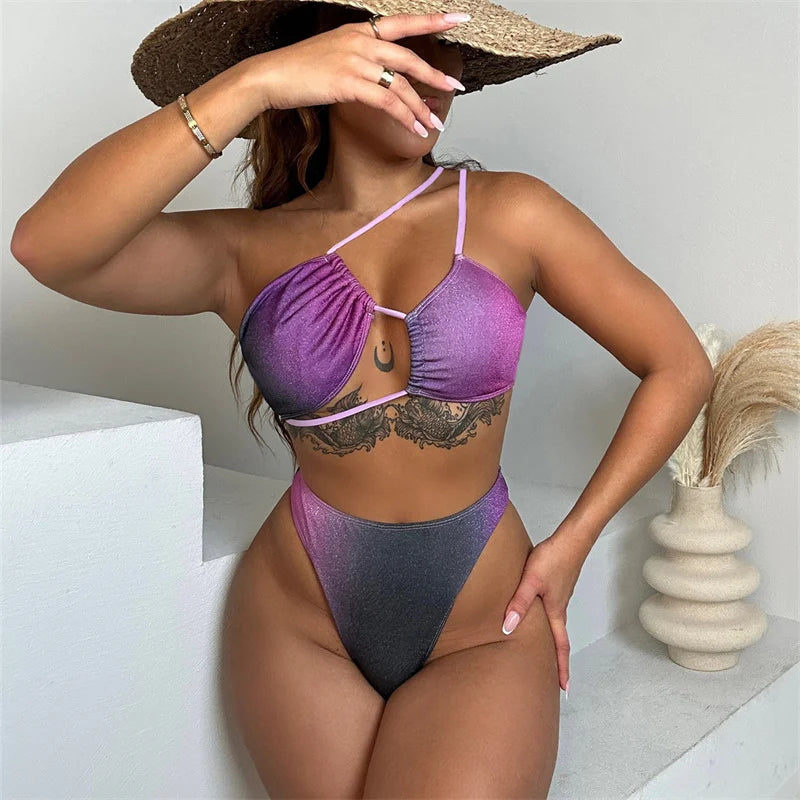 Gradient Print Halter Bikini Set High Waist Female Swimsuit One Shoulder Women Swimwear Two-pieces Bikini set