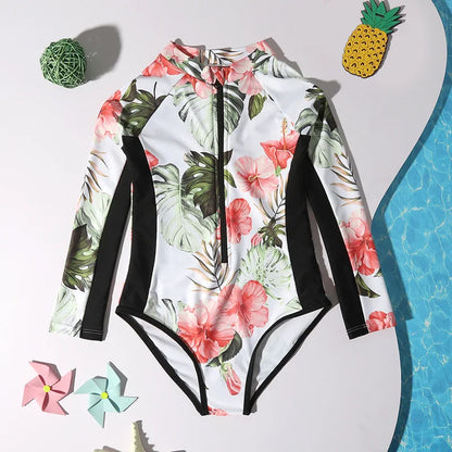 Print Girls One Piece Swimsuit 8-12 Year Kids Swim Suit Teenage Children's Swimwear Long Sleeve Surfing Bathing Suits Beach