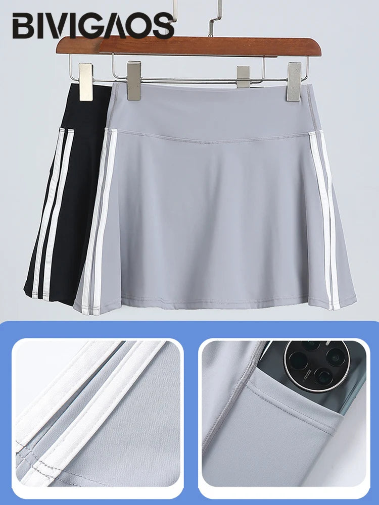 Double Stripe Sport Tennis Short Skirts Women Fake Two Piece Stretch Running Fitness Golf A-line Yoga Mini Skirt