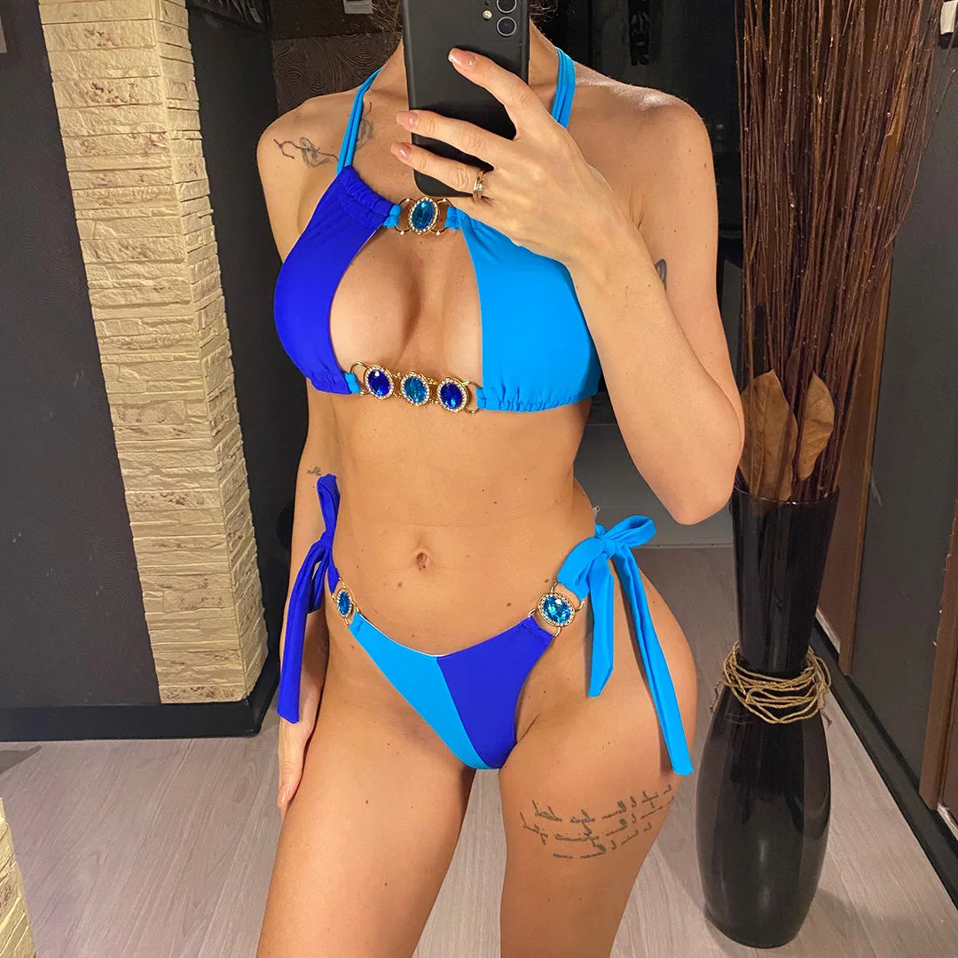 8 Colors Diamond Rhinestones Splicing Bikini Women Swimwear Female Swimsuit Two-pieces Bikini set Bather Bathing Suit Swim