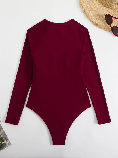 Zipper One Piece Swimsuit Closed Print Long Sleeve Swimwear Sports Surfing Women's Swimming Bathing Suit Beach Bather