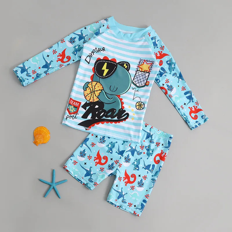 Boys Girls Cartoon Cute Swimwear Spring Summer Beach Clothing Set Sun Protection Long Sleeve Swimming Suits Kids Bathing Suit