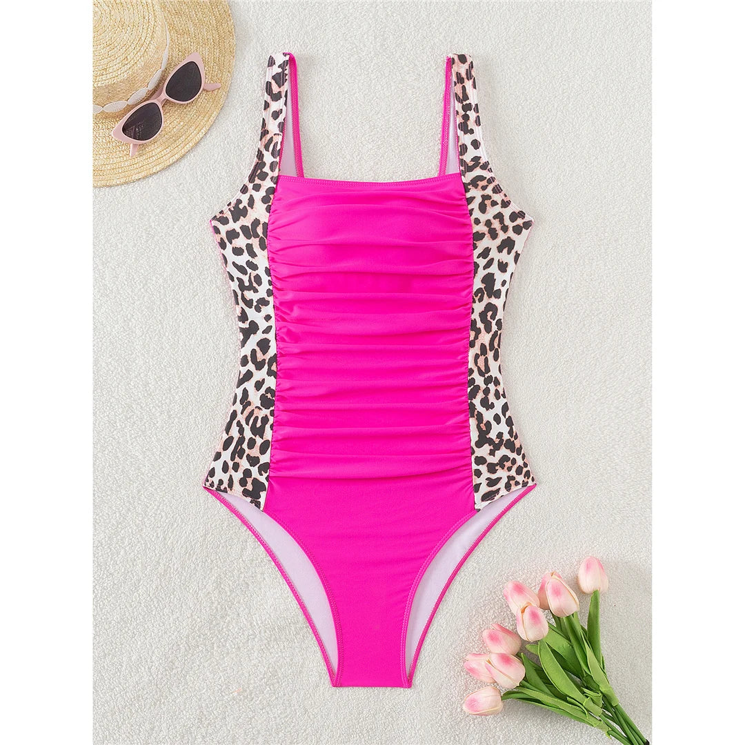 S - XXL 8 Colors Leopard Splicing Women Swimwear One Piece Swimsuit Female Wrinkled High Leg Cut Bather Bathing Suit Swim