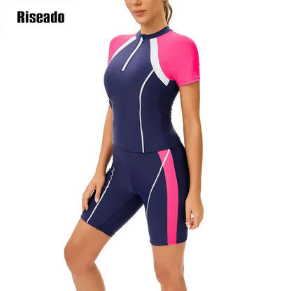 Women's Rash Guard 2 Piece Short Sleeve Swim Shirt with Shorts Swimsuit Two pcs Swimwear