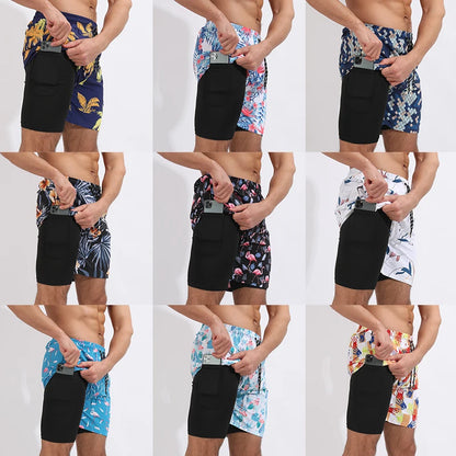 Men Swimwear Summer Gym Beach Shorts Male Quick Dry Sport Swimming Shorts Trunks Sexy Swimsuit 2 In 1 Man Board Shorts Beachwear