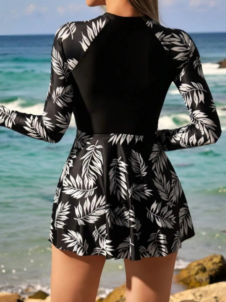 Long Sleeve Rush Guard Print Swimwear Women One Piece With Beach Skirt Swimsuit Female Bathing Swim Suit Surfing Beachwear