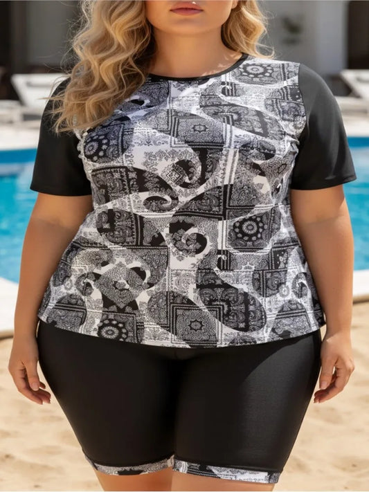 XL-5XL Plus Size Tankini Rash Guard Short Sleeve Women's Push Up Large Size 5XL Swimsuit Summer Tummy Control Swimwear Bikini Sets