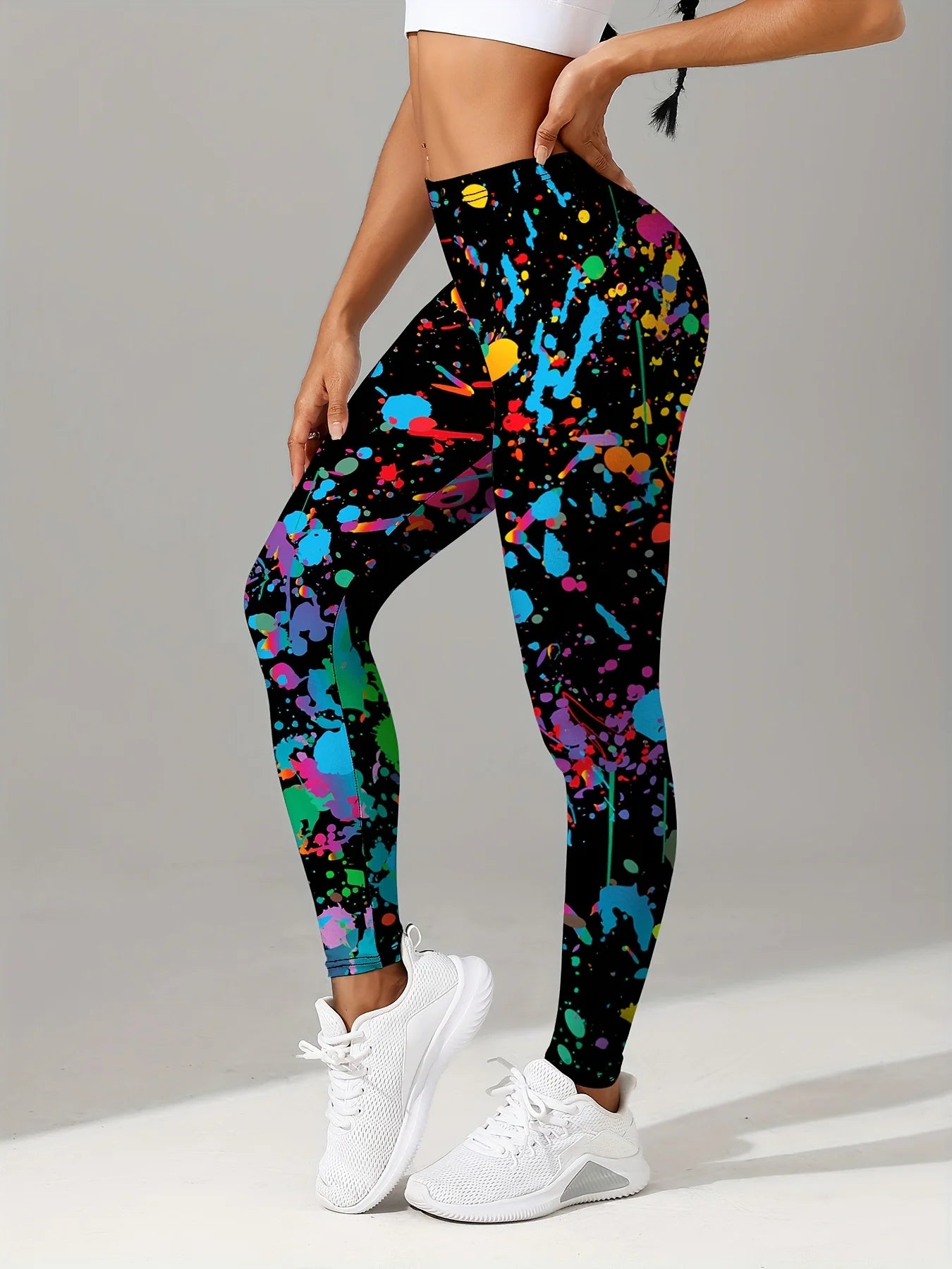 Women's leggings with oil paint splatter print, polyester and spandex blend, elastic waistband, autumn and winter clothing